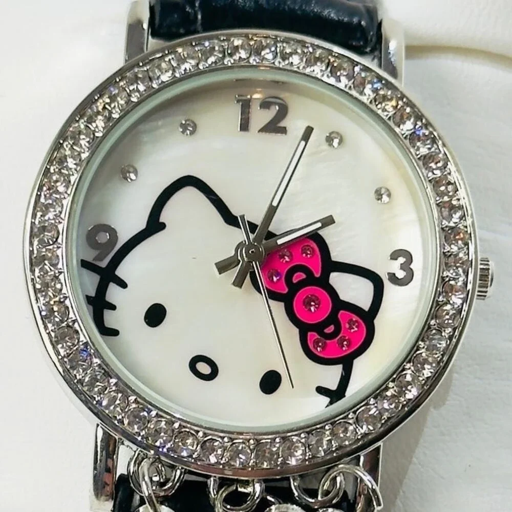 HELLO KITTY Watch Charms Silver Crystal‎ Bezel Kitty Black Leather Strap Y2K